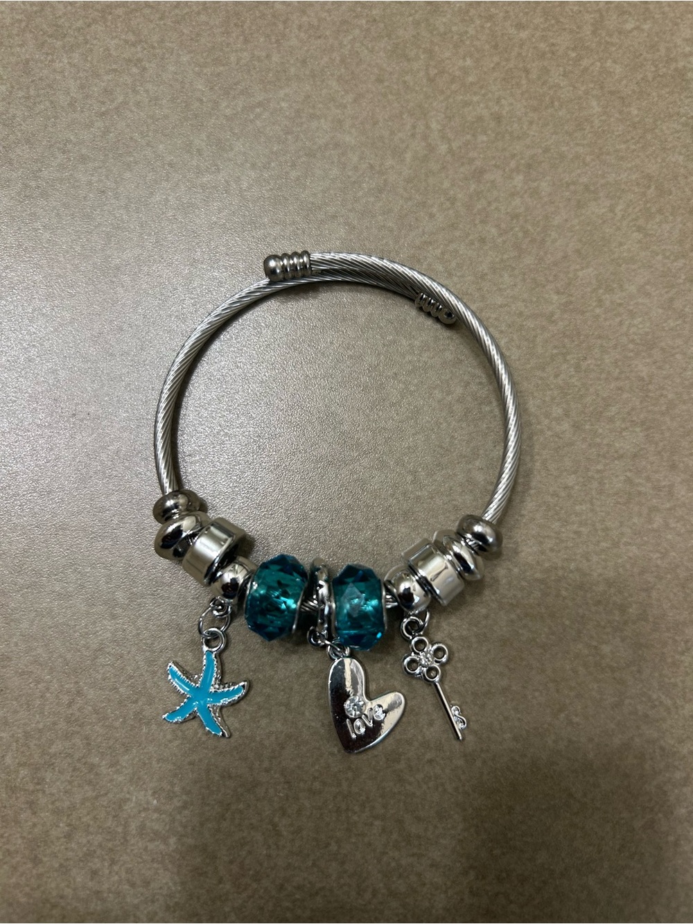 Silver Cable Charm Bracelet with Teal Crystal Beads
